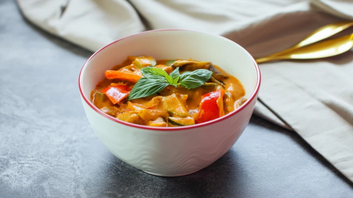 Фото блюда: Красный тайский карри с овощами в кокосовых сливках с насыщенным вкусом