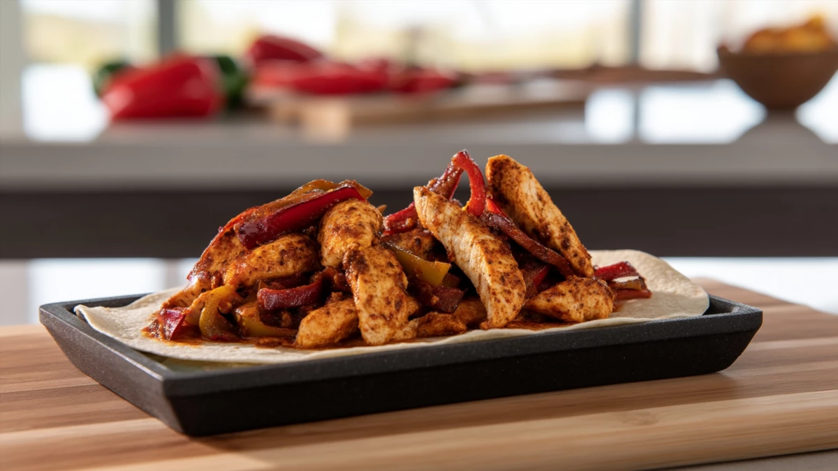 Фото блюда: Курица фахитас с перцем на сковороде с насыщенным вкусом специй