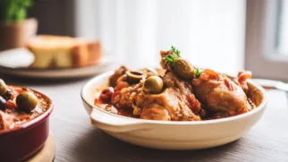 Фото рецепта: Испанская курица с паприкой и оливками в ароматном томатном соусе