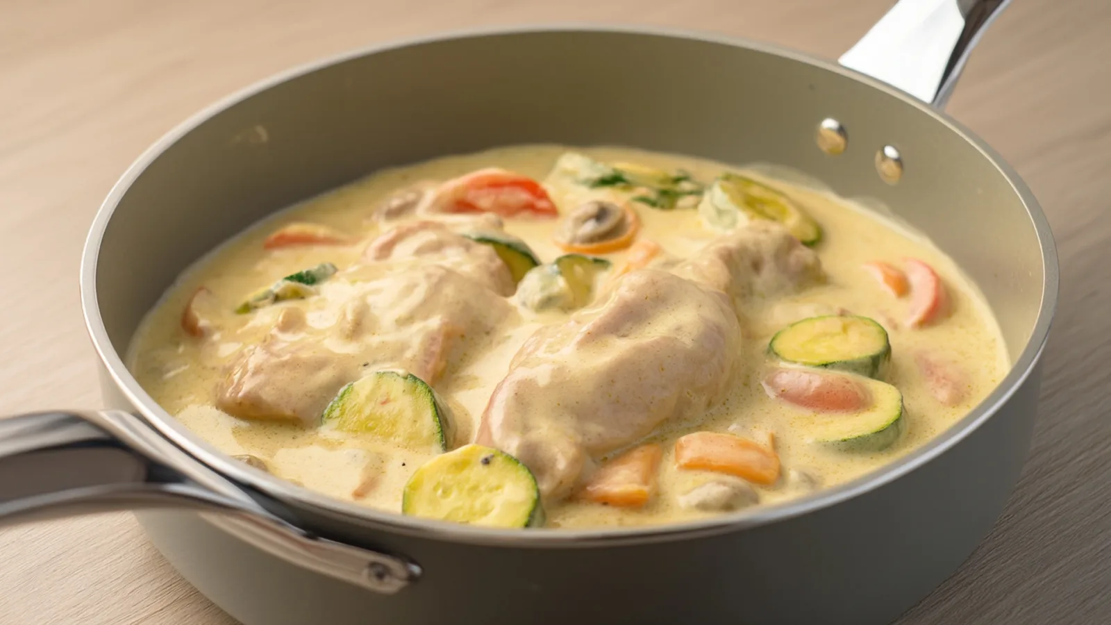 Фото блюда: Нежная курица в сливочном соусе с яркими овощами