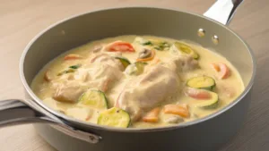 Фото блюда: Нежная курица в сливочном соусе с яркими овощами