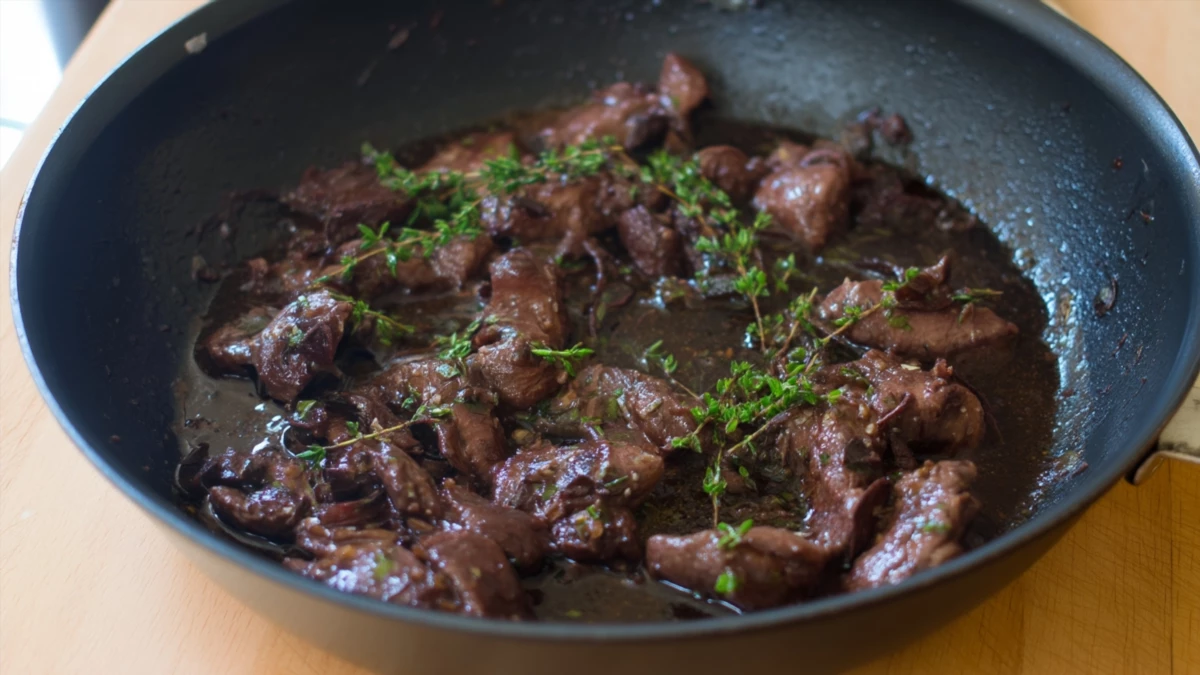 Фото блюда: Куриная печень в красном вине с насыщенным соусом