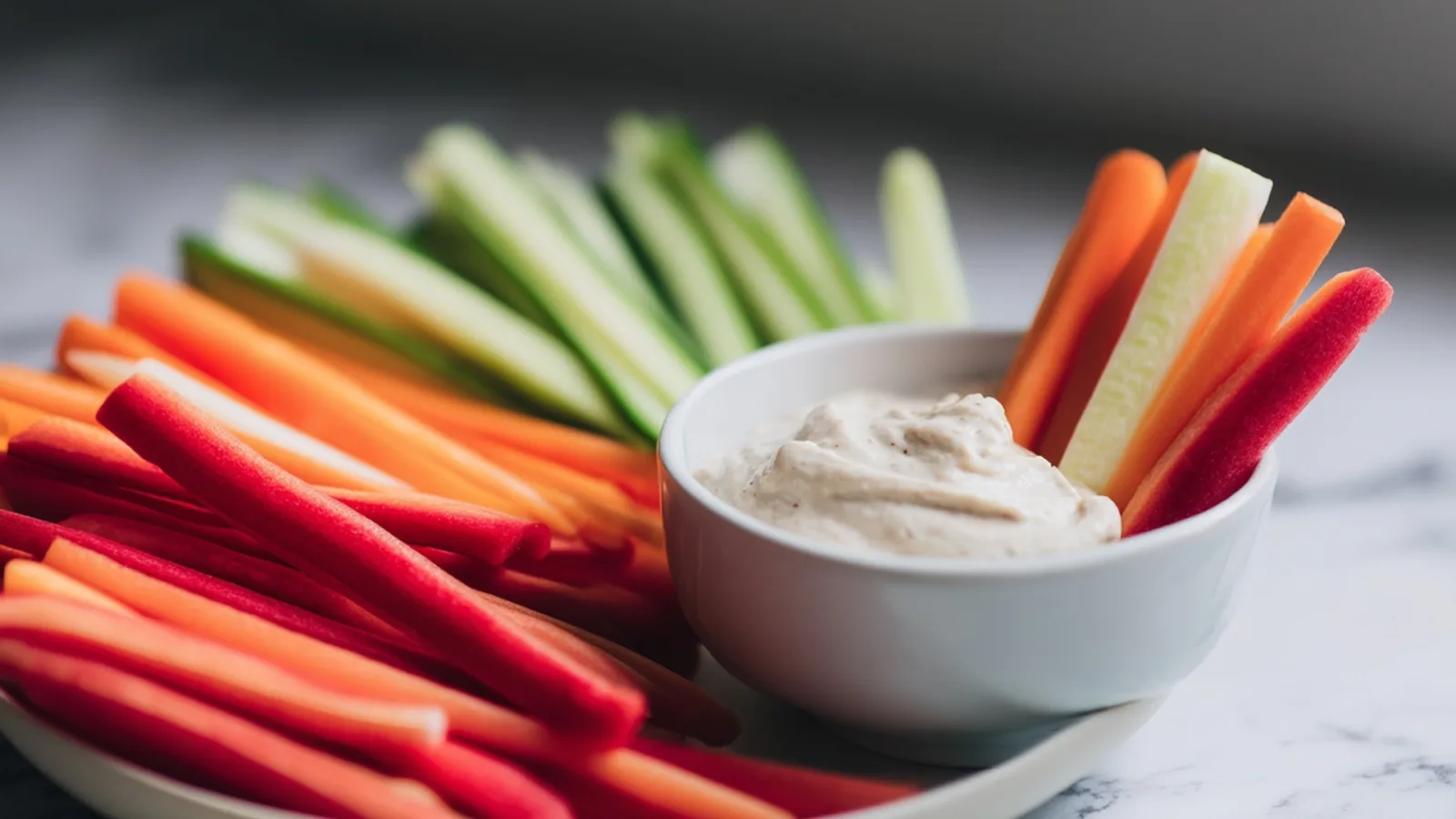 Фото блюда: Овощные палочки с нежным дипом для лёгкой закуски