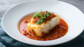 Фото рецепта: Нежный палтус под ярким томатно базиликовым соусом