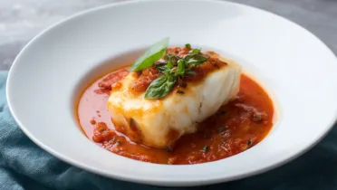 Фото рецепта Нежный палтус под ярким томатно базиликовым соусом