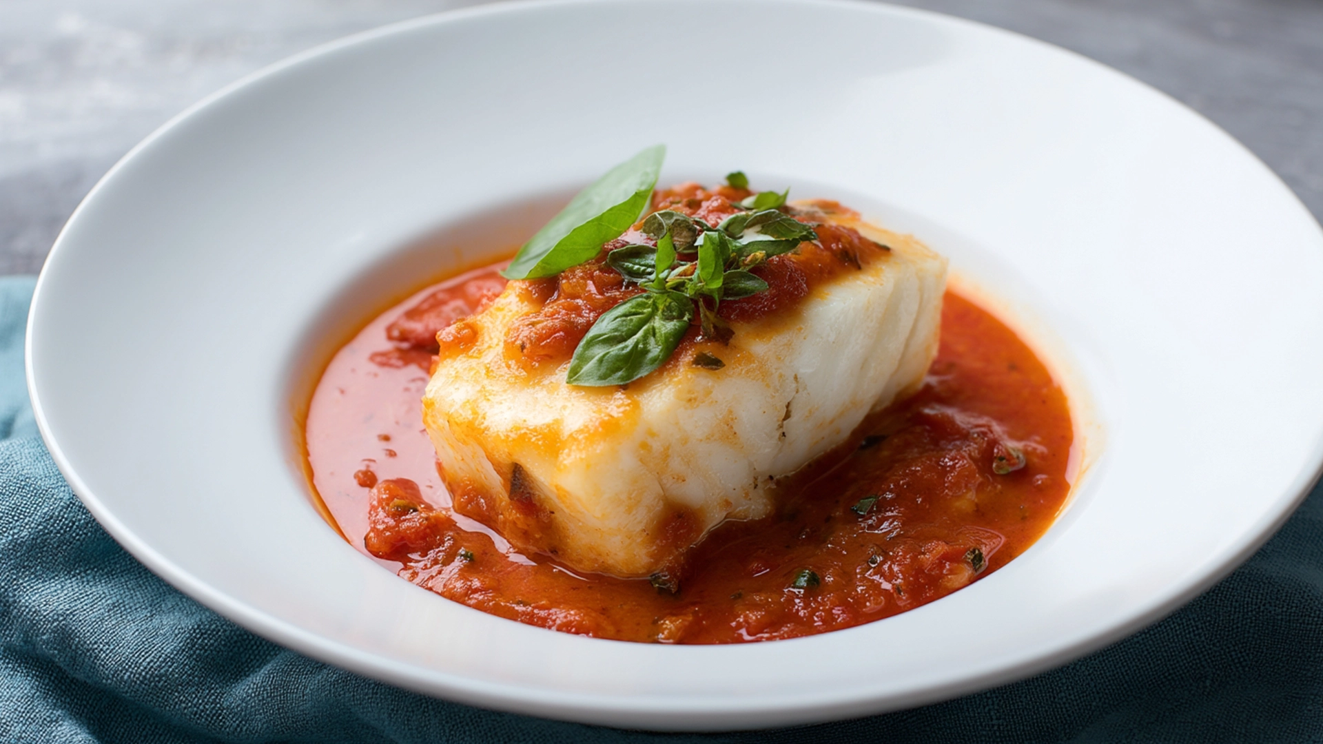 Фото блюда: Нежный палтус под ярким томатно базиликовым соусом