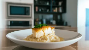 Фото блюда: Палтус со сливочным ризотто в нежной пармезановой подаче