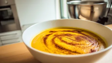 Фото блюда: Яркий паприка суп пюре из тыквы с бархатной текстурой и пряным ароматом