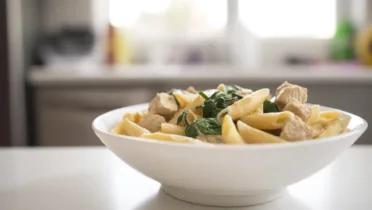 Фото блюда: Паста с сочной курицей и мягким шпинатом в нежных сливках