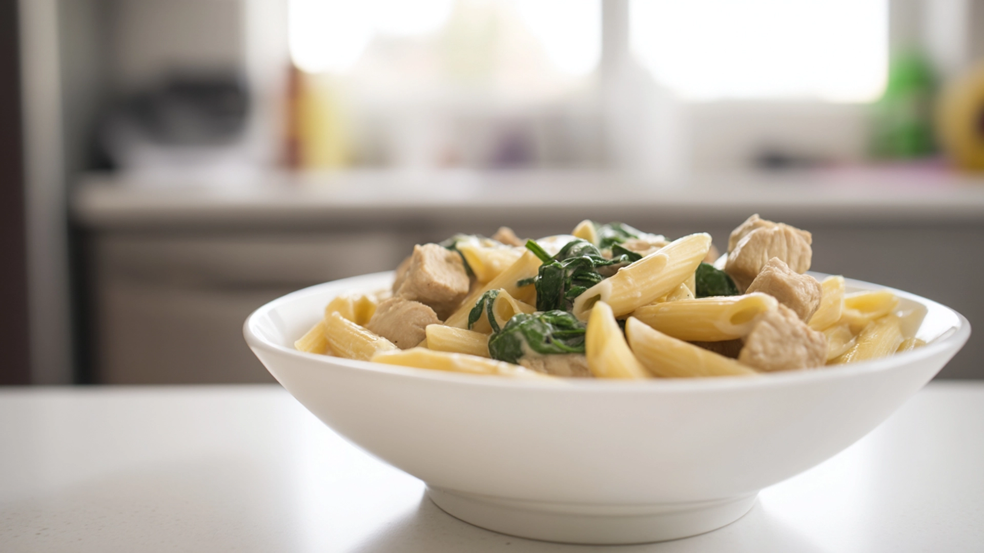 Фото блюда: Паста с сочной курицей и мягким шпинатом в нежных сливках