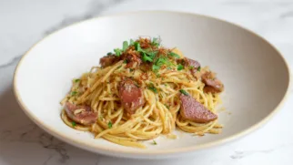 Фото рецепта: Паста с утиной печенью в нежном чесночном соусе