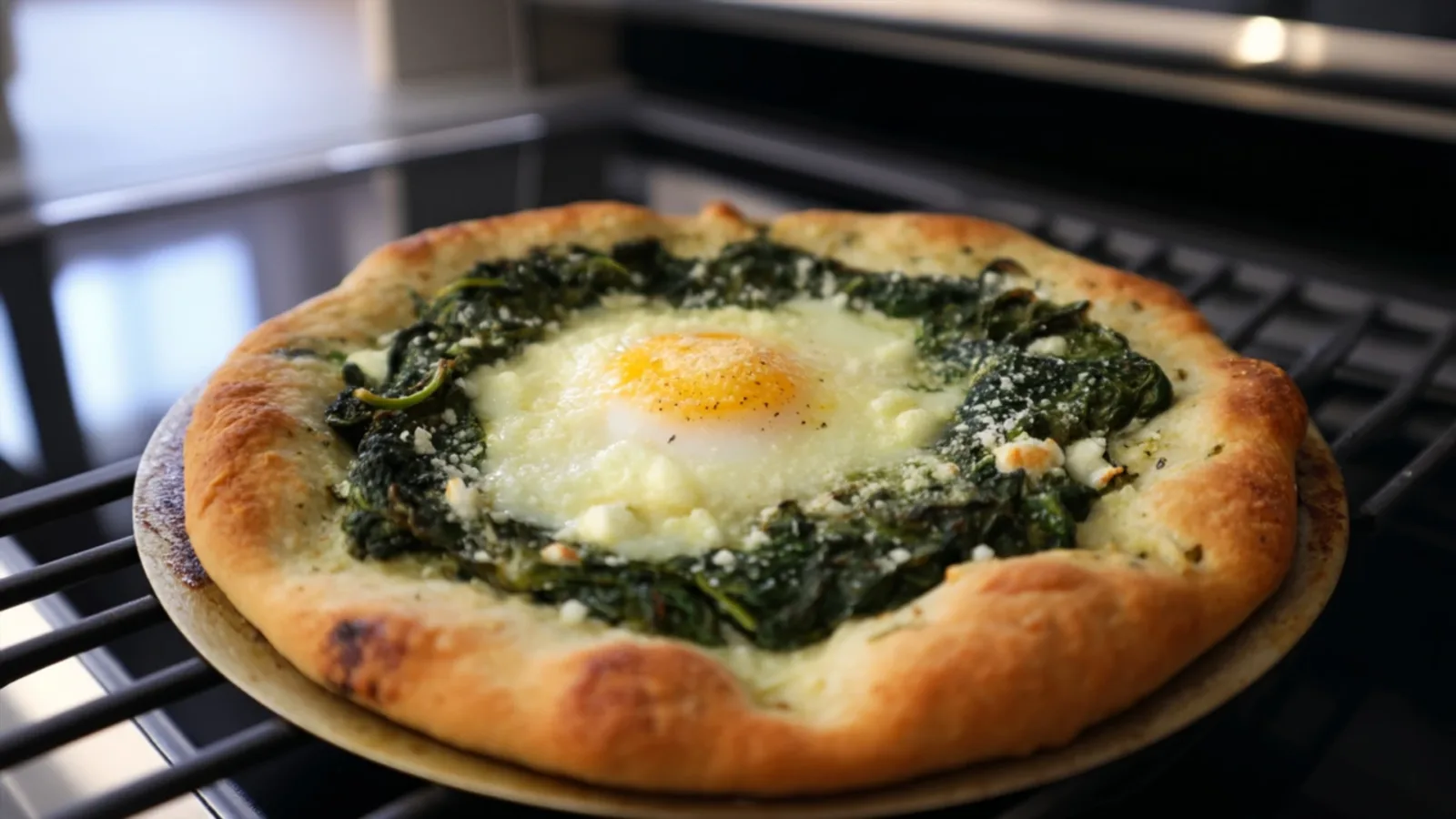 Фото блюда: Пицца с яйцом и сочным шпинатом для яркого завтрака