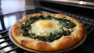 Фото рецепта: Пицца с яйцом и сочным шпинатом для яркого завтрака