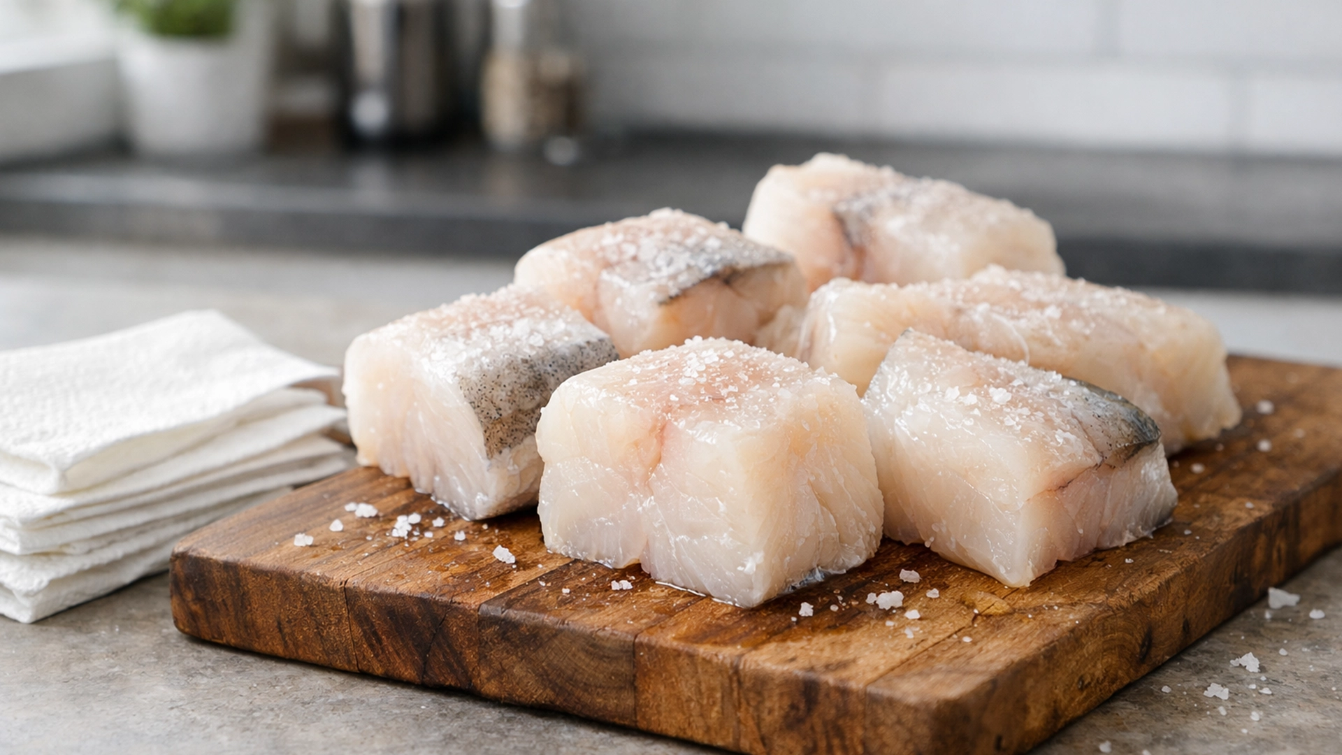 Кусочки филе минтая на деревянной доске перед приготовлением