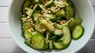 Фото рецепта: Свежий салат из огурцов с ароматным кунжутом