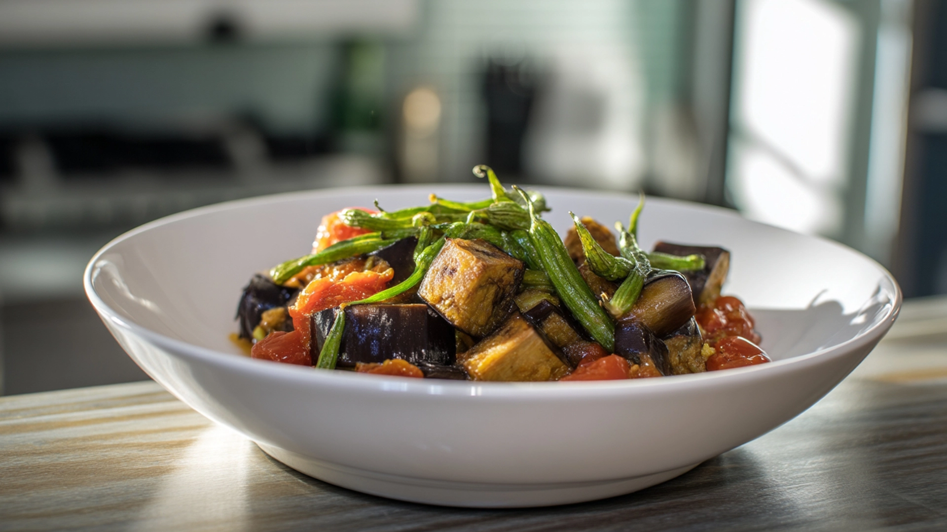 Фото блюда: Сочное соте из баклажанов со стрелками чеснока