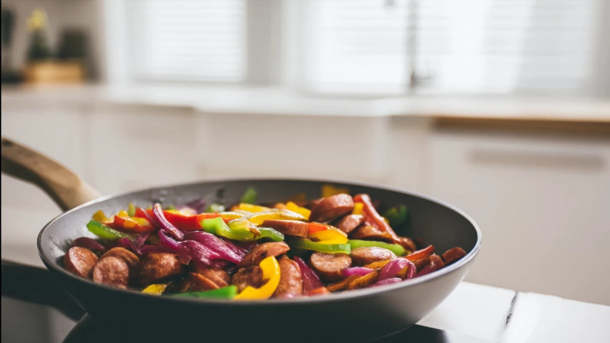 Фото блюда: Яркое овощное соте со шпикачками на сковороде