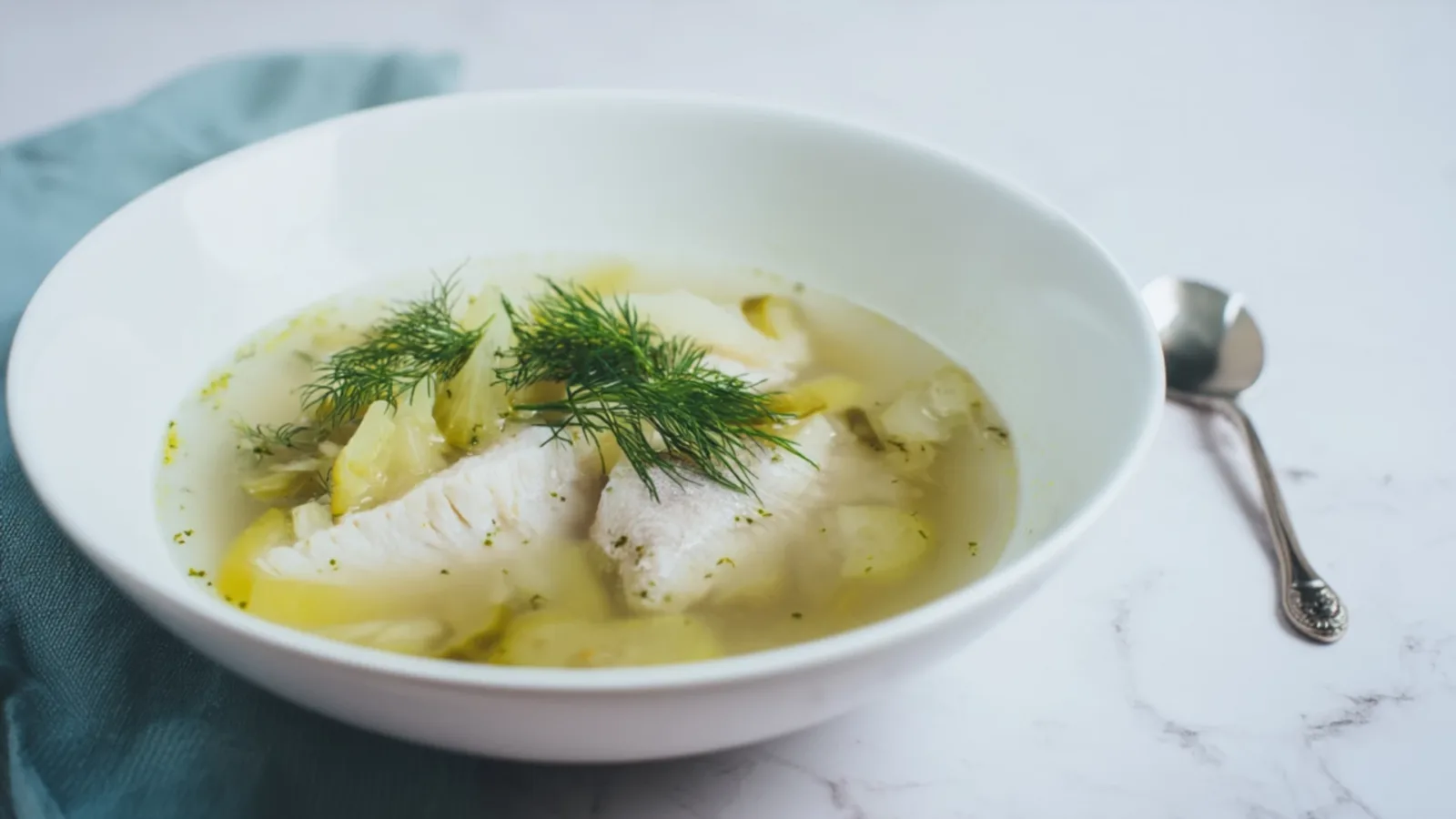 Фото блюда: Суп рыбный с маринованными огурцами с ярким вкусом и нежным филе