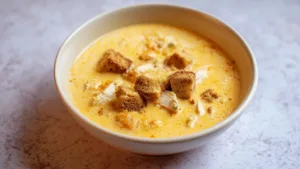 Фото блюда: Нежный сырный суп с курицей и хрустящими сухариками