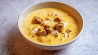 Фото рецепта: Нежный сырный суп с курицей и хрустящими сухариками