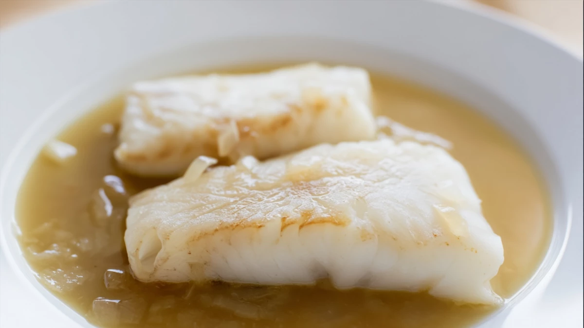 Фото блюда: Треска в красном вине с нежным ароматом лука и пряного соуса