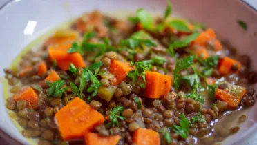 Фото блюда: Нежная тушёная чечевица с ароматными овощами