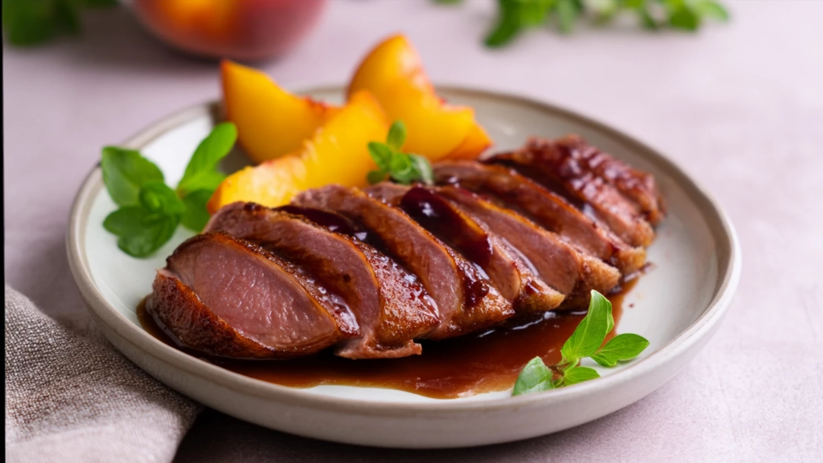 Фото блюда: Утка в персиковом соусе с нежной мякотью и ярким ароматом