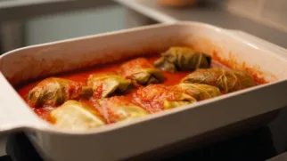 Фото рецепта: Запеченная долма в томатном соусе с мягкой начинкой