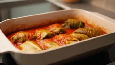 Фото блюда: Запеченная долма в томатном соусе с мягкой начинкой