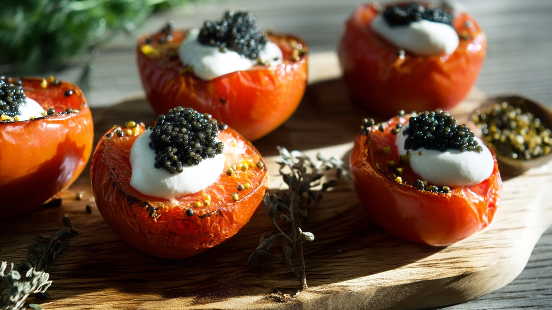 Фото блюда: Нежные запечённые помидоры с кремом и икрой