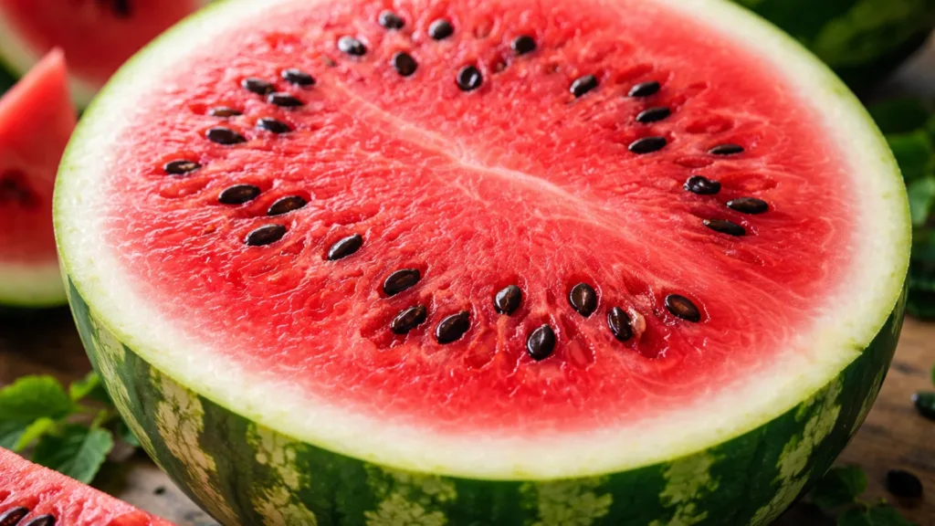 Спелый арбуз в разрезе с яркой мякотью