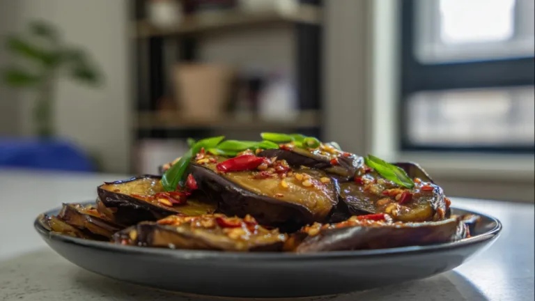 Фото блюда: Баклажаны обжаренные с соусом чили и чесноком