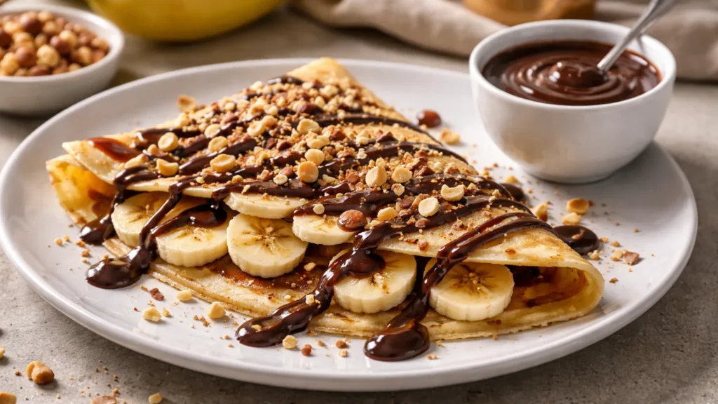 Блин с бананами и шоколадом, готовый к подаче.