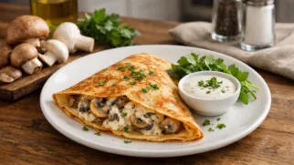 Фото рецепта: Блин с грибами в сливках: нежный вкус и аромат лесных грибов в каждом укусе