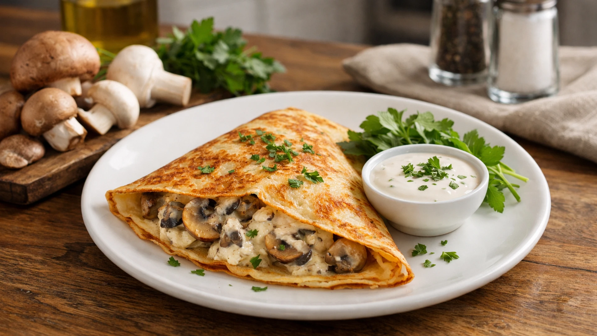 Фото блюда: Блин с грибами в сливках: нежный вкус и аромат лесных грибов в каждом укусе