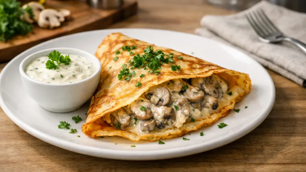 Блин с грибами в сливочном соусе на тарелке, украшенный зеленью.