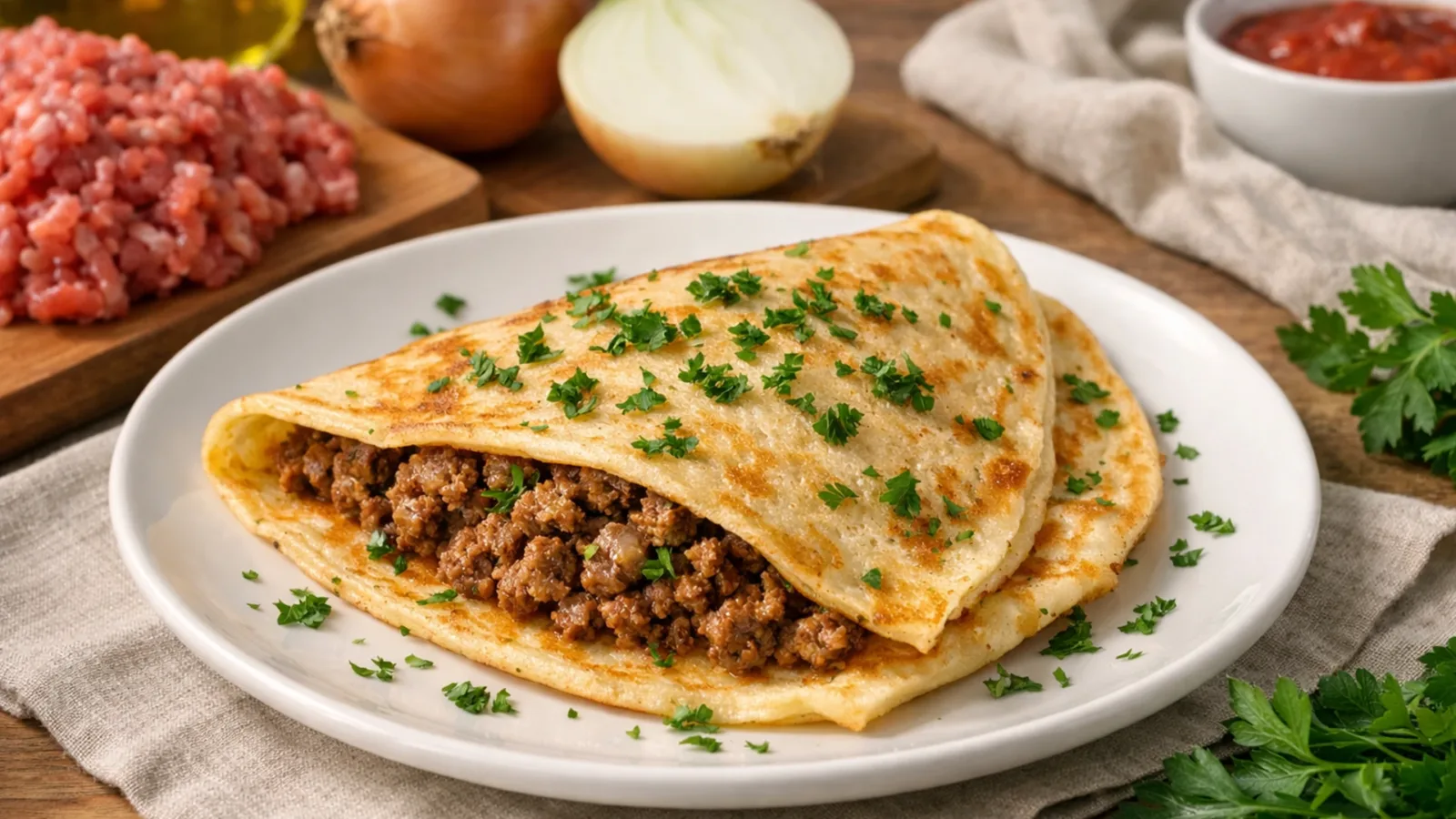 Фото блюда: Блин «Классический» с мясным фаршем: сытное и вкусное угощение для всей семьи