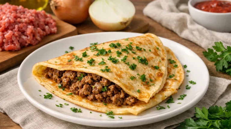 Фото блюда: Блин «Классический» с мясным фаршем: сытное и вкусное угощение для всей семьи