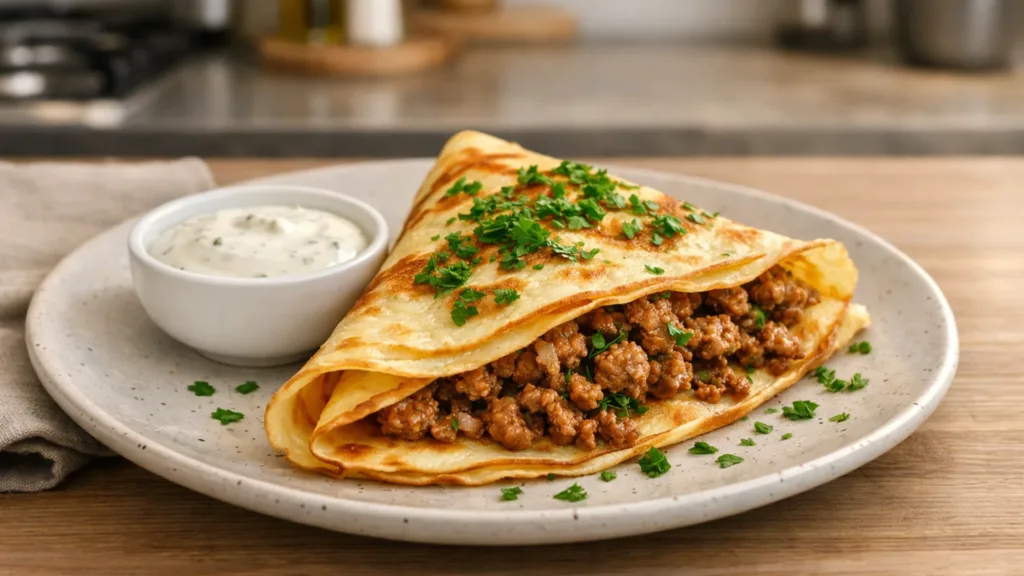 Блин с мясным фаршем и соусом на тарелке, украшенный зеленью.