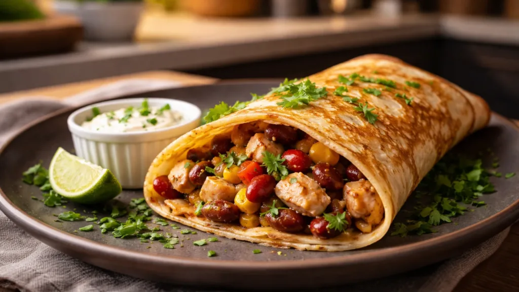 Блин с курицей и фасолью на тарелке, украшенный зеленью.