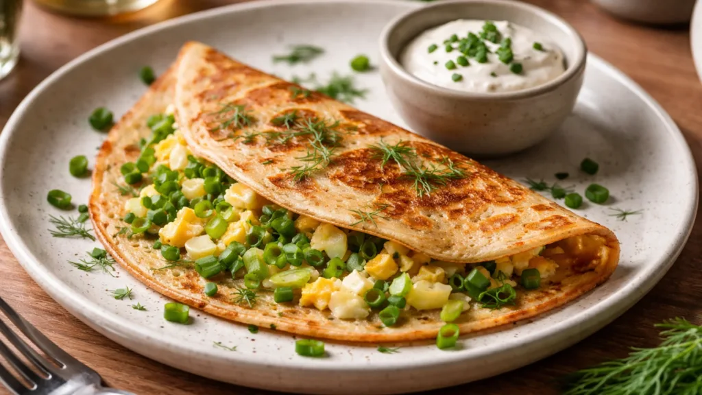 Блин с яйцом и зеленым луком, украшенный зеленью и соусом.