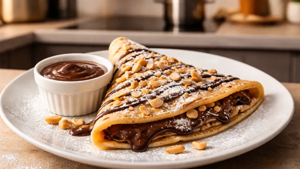 Блин с шоколадом и арахисом на тарелке, посыпанный сахарной пудрой.