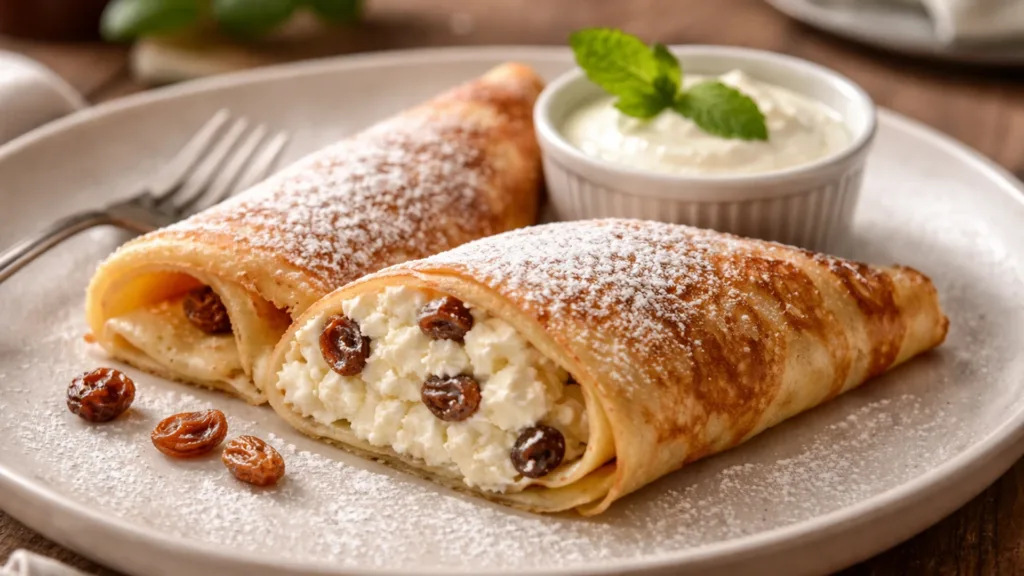 Блин с творогом и изюмом, посыпанный сахарной пудрой и соусом.