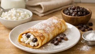 Фото рецепта Блин с творогом и изюмом: нежный десерт для любителей сладкого