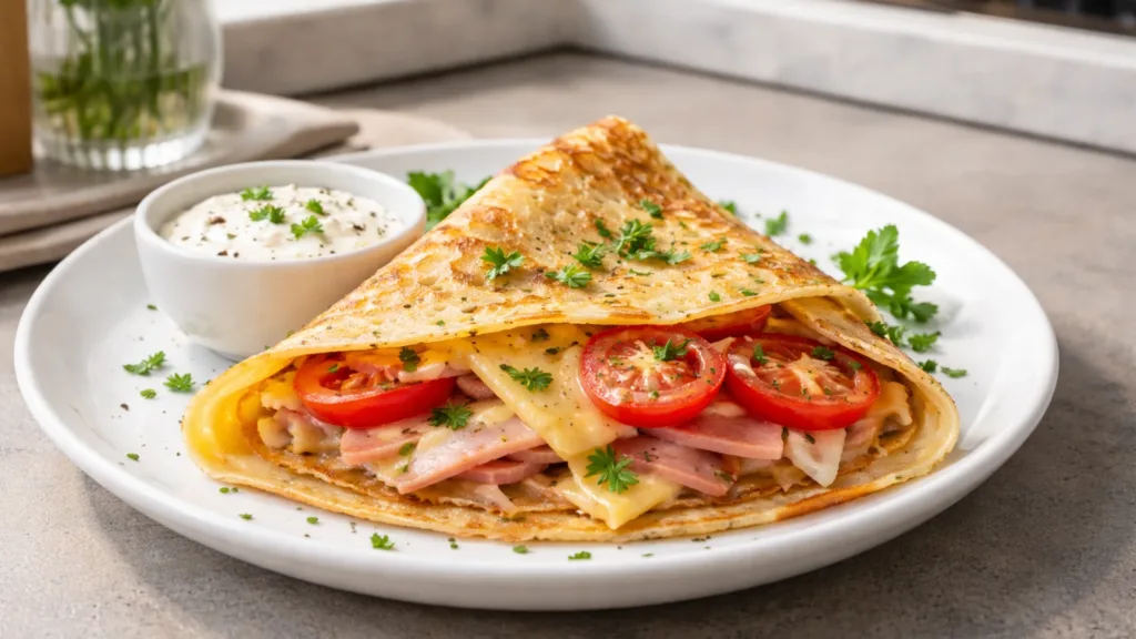 Блин с ветчиной и сыром, украшенный помидорами и зеленью.