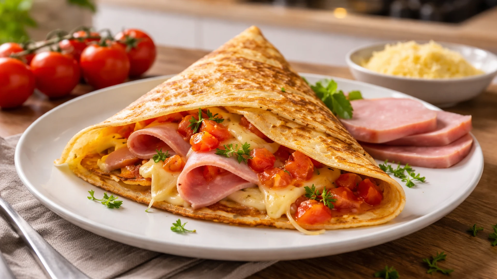 Блин с ветчиной, сыром и помидорами, готовый к подаче