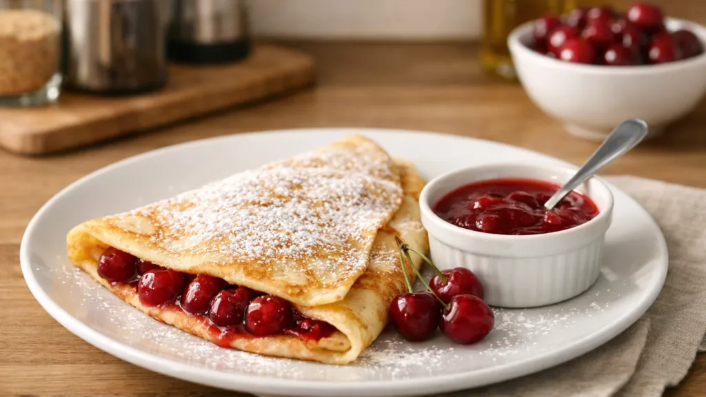 Блин с вишней на тарелке, посыпанный сахарной пудрой.