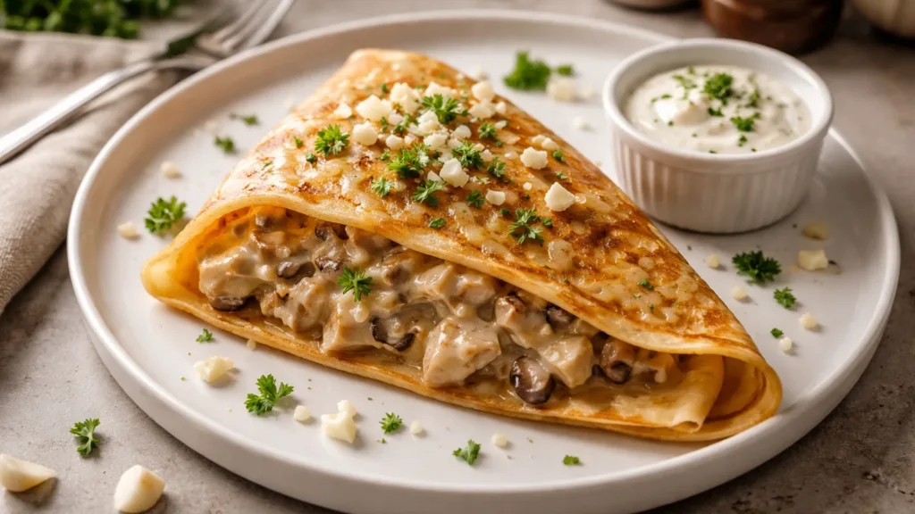 Блин с жюльеном на тарелке, посыпанный зеленью.