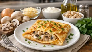 Фото рецепта: Блин с жюльеном: сытная начинка в каждом укусе