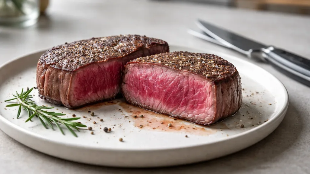 Стейк прожарки blue extra rare в разрезе с почти сырой сердцевиной